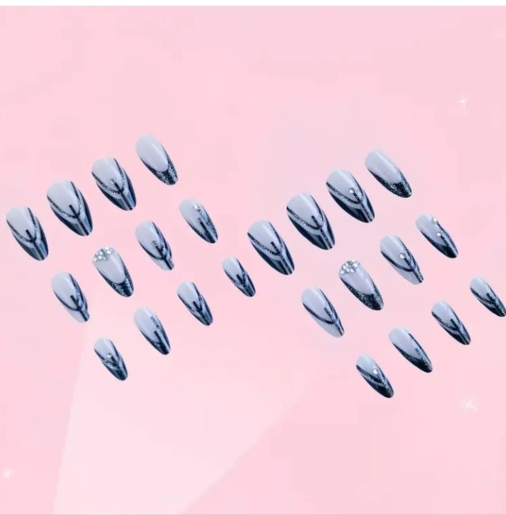 🔥3/$21 Pink / Black Geometric design with Rhinestones Press on False nails
